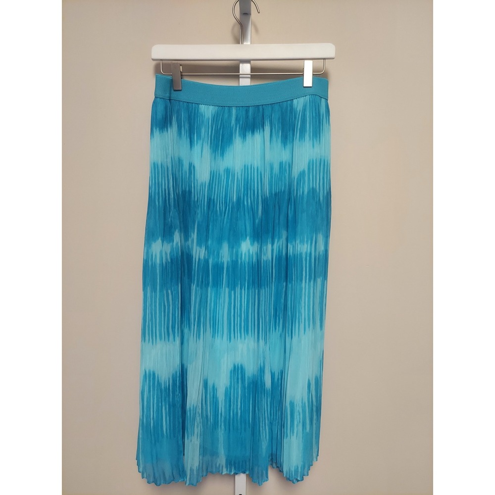 Petite Blue Tie Dye Pleated Midi Skirt Elastic Waist 10P Resort Coastal Travel